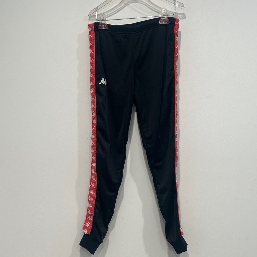 Kappa Black Track Pants with pink Trim and logo down side small women’s jogger